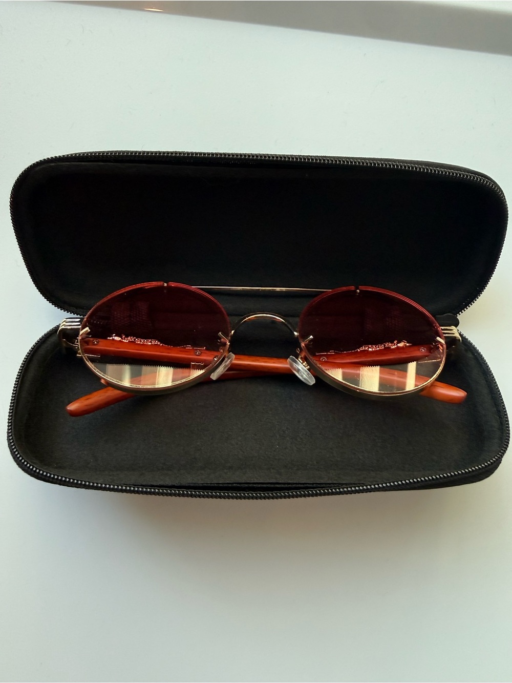 Summer Round Sunglasses with Red Lenses and Brown Temples Coachella